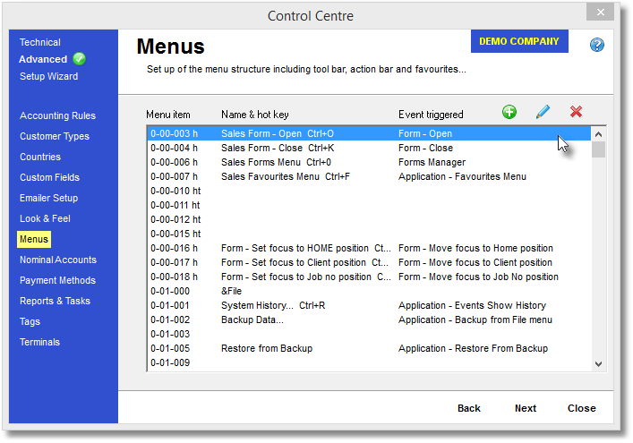 Control Centre-Menus