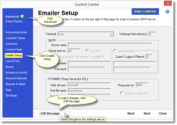 Control Centre-Emailer setup