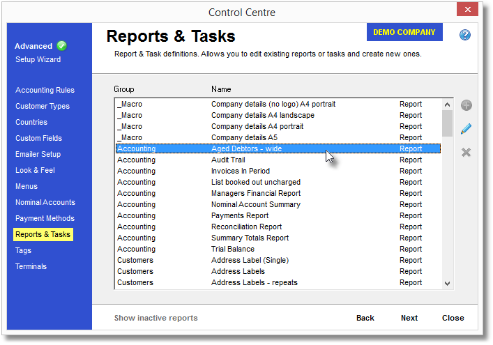 Control Centre-Reports and Tasks