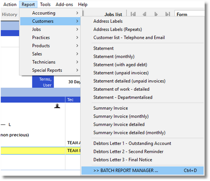 batch report manager customer menu