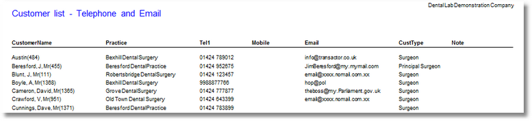reports-customer list telephone and email