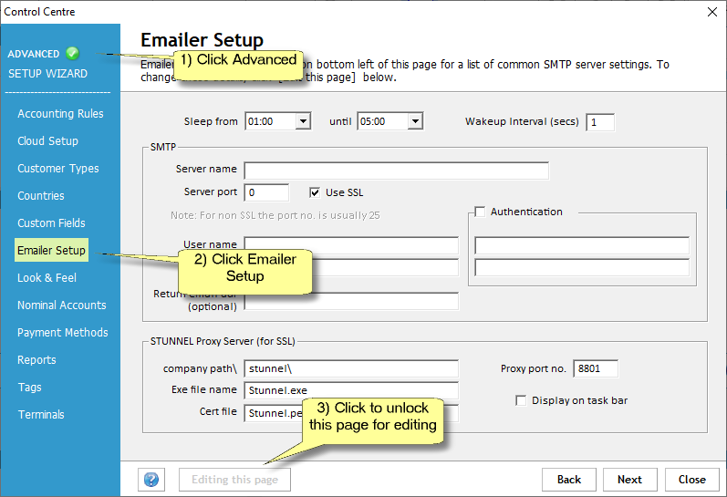 Control Centre-Emailer setup