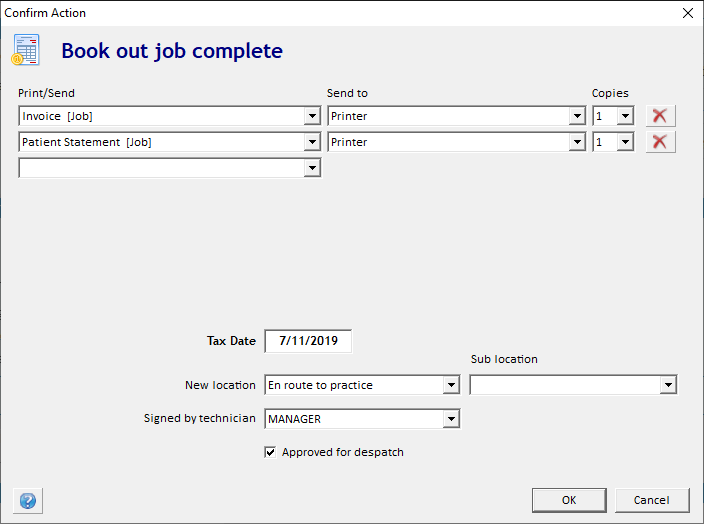 Book Out job Completed print options