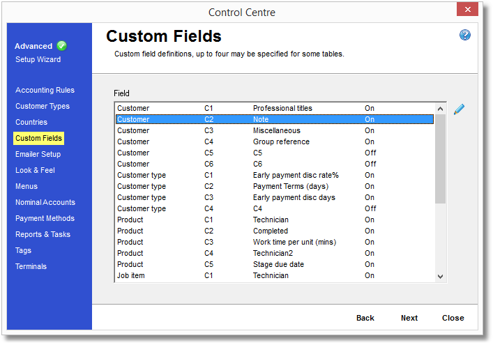 Control Centre-Custom Fields