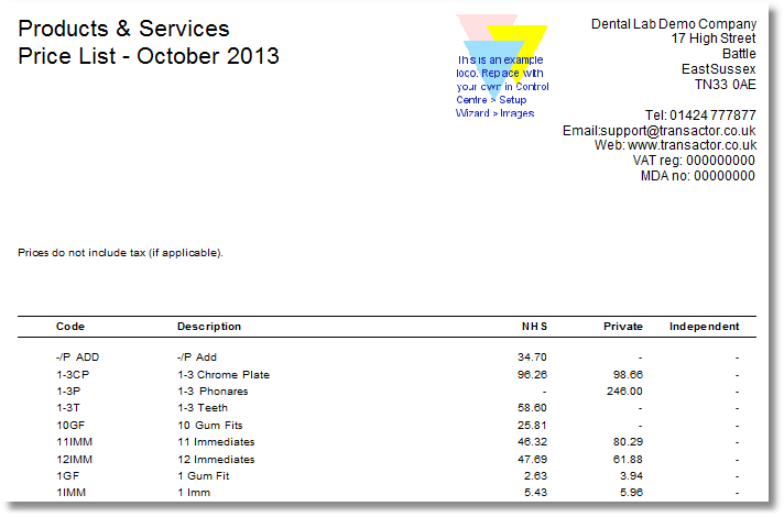 reports - price list